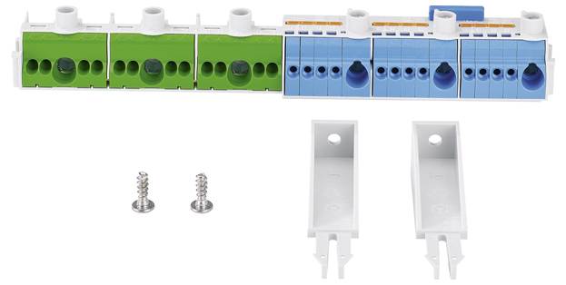 Ein mehrteiliges elektrisches Klemmenblock-Set mit grün-blauen Modulen, zwei Schrauben und zwei weißen Abdeckungen zur Montage.