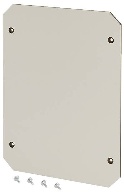 Beige Metallplatte mit abgerundeten Ecken und vier Bohrlöchern für Schrauben, die unten neben der Platte liegen.
