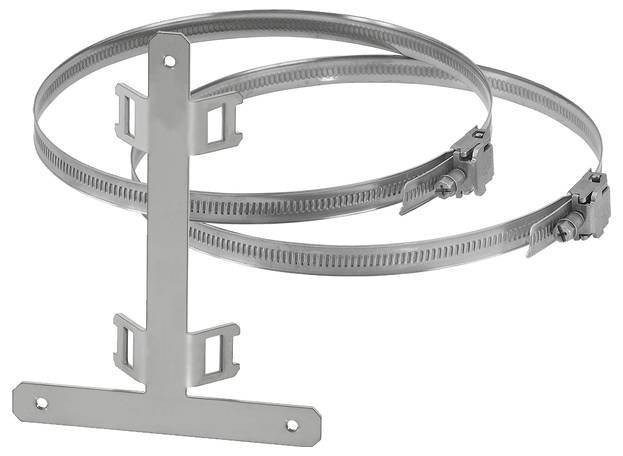 Zwei Metallschellen mit einer Halterung, die zum Befestigen von Gegenständen an runden Oberflächen verwendet werden können.