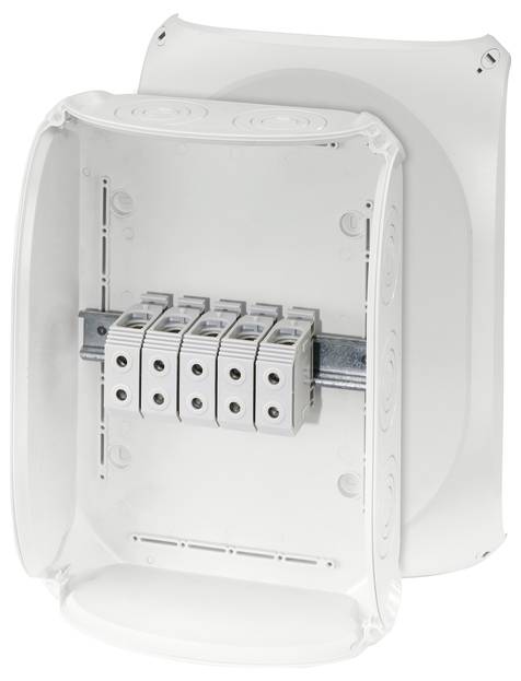 Elektrischer Verteilerkasten, geöffnet. Innen sind fünf nebeneinander liegende Klemmen auf einer Metallschiene zu sehen.