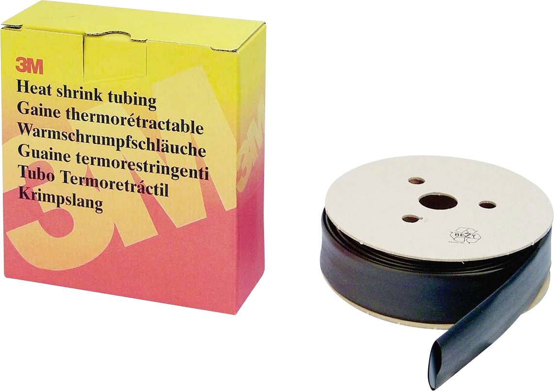 '3M Warmschrumpfschläuche' Verpackung neben einer aufgewickelten Rolle schwarzer Shrink-Tubing. Produkt zur Kabelisolierung.