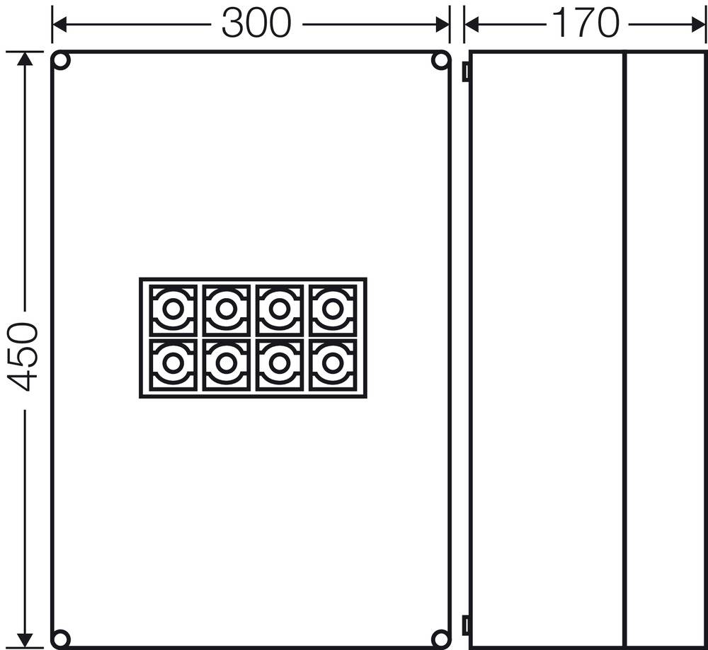 Diagramm einer rechteckigen Box mit Maßen: Breite 300 mm, Höhe 450 mm, Tiefe 170 mm. Enthält ein Raster von 3x3 Kreisen auf der Vorderseite.
