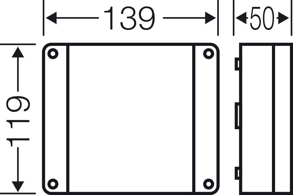 Technische Zeichnung eines rechteckigen Bauteils mit Maßen: Breite 139 mm, Höhe 119 mm, Tiefe 50 mm. Schraubenlöcher an den Ecken.