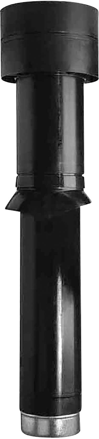 Schwarzes zylindrisches Rohr, glatt und vertikal positioniert, wahrscheinlich ein Teil eines mechanischen oder technischen Geräts.