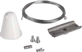 Montageset mit weißem Kegel, Stahlseil, Metallschienen, Schrauben und Klemmen.