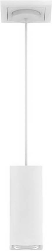 Eine weiße, zylinderförmige Hängelampe mit schlichtem Design, die von der Decke hängt. Geeignet für moderne Inneneinrichtung.