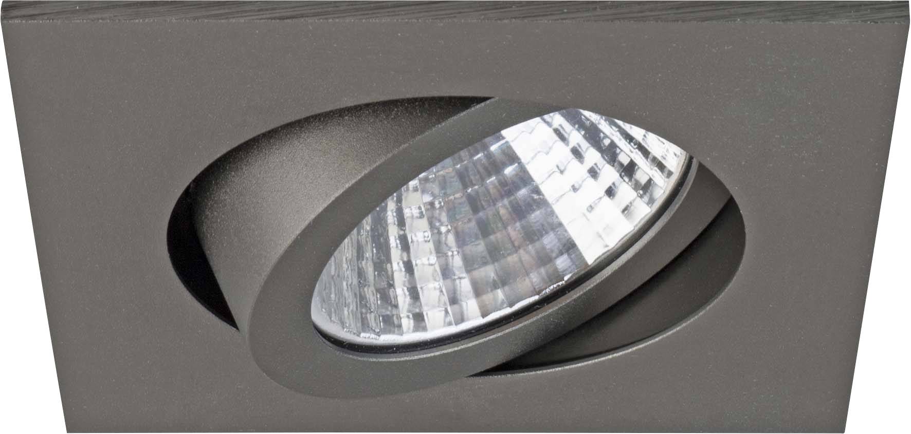 Schwarze Einbauleuchte mit schwenkbarem Reflektor, geeignet für gezielte Beleuchtung in modernen Innenräumen.