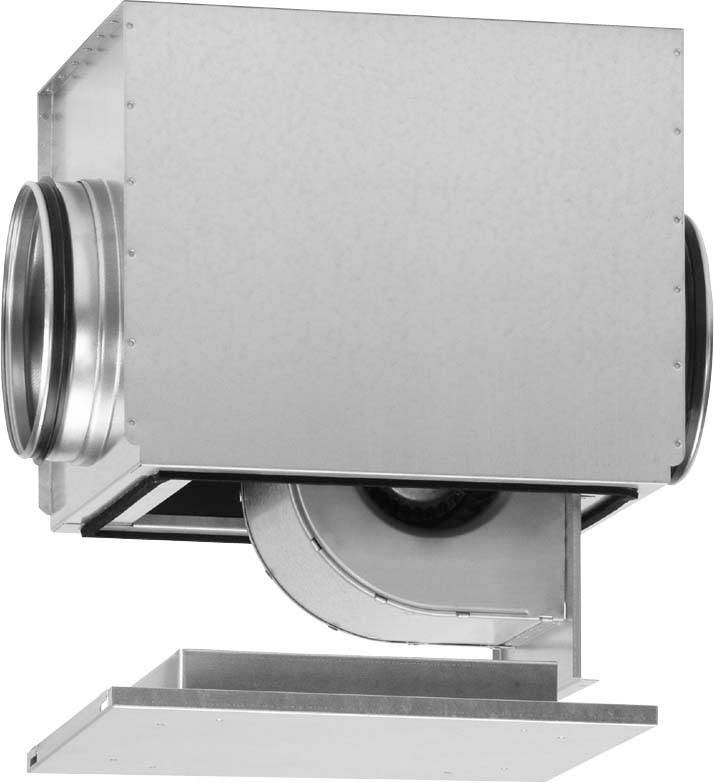 Ein rechteckiges, graues Lüftungsgerät aus Metall mit runden Anschlussöffnungen; Darstellung eines Lüftersystems.