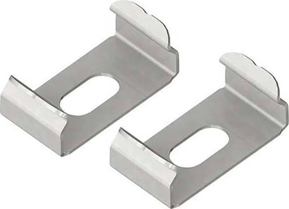 Zwei silberne Metallklammern nebeneinander, identisch in Form, mit rechteckiger Basis und einem ovalen Loch in der Mitte.