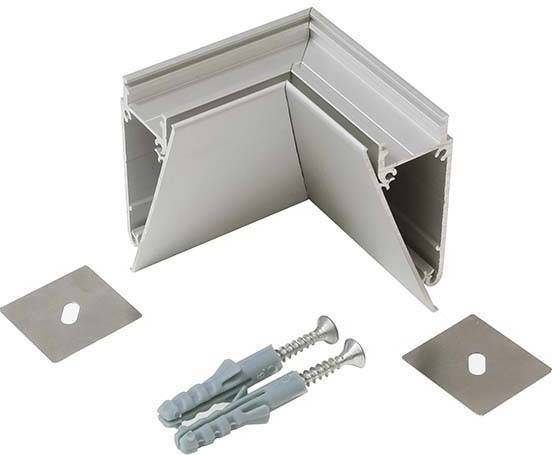 Eckverbinder aus Metall mit zwei Schrauben und Dübeln, geeignet für die Verbindung von Paneelen oder Leisten in einem 90-Grad-Winkel.