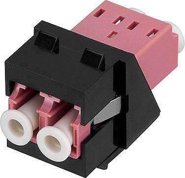 Schwarzer und roter LC-Duplex-LWL-Adapterstecker mit zwei Steckverbindungen in Nahaufnahme.