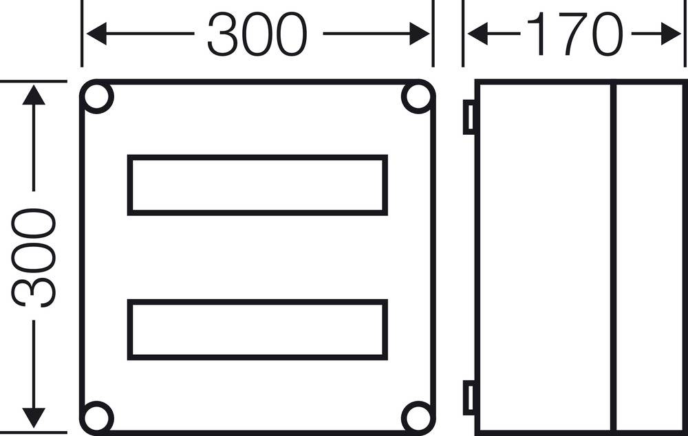 Technische Zeichnung eines rechteckigen Gehäuses mit den Maßen 300 mm x 300 mm x 170 mm. Vorderansicht zeigt zwei Öffnungen.