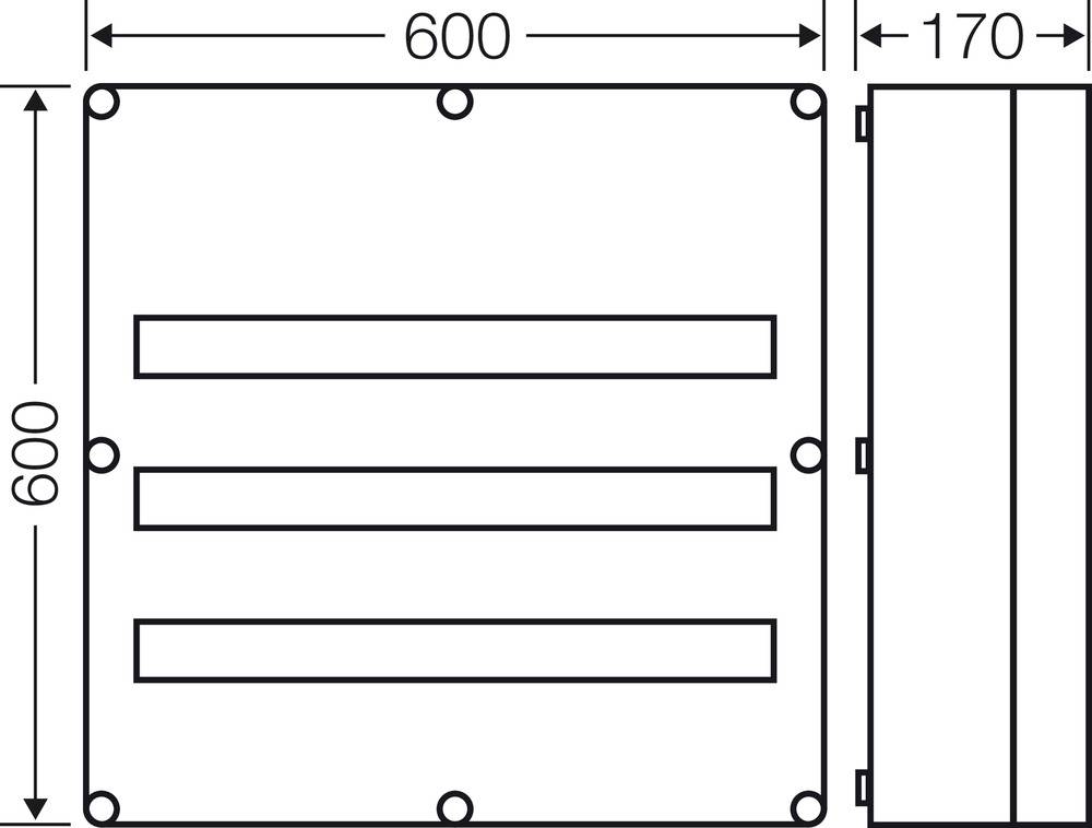 Technische Zeichnung eines rechteckigen Kastens mit den Maßen 600x600mm an der Vorderseite und 170mm an der Seite.