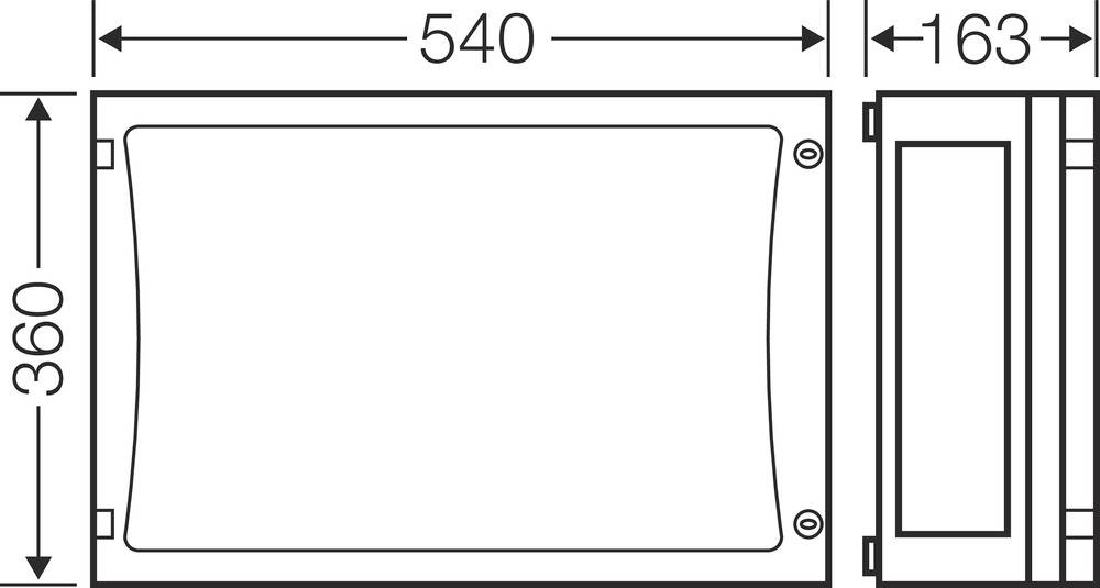 Abmessungen eines rechteckigen Geräts: Breite 540 mm, Höhe 360 mm, Tiefe 163 mm. Seitenansicht zeigt rechteckigen Querschnitt.
