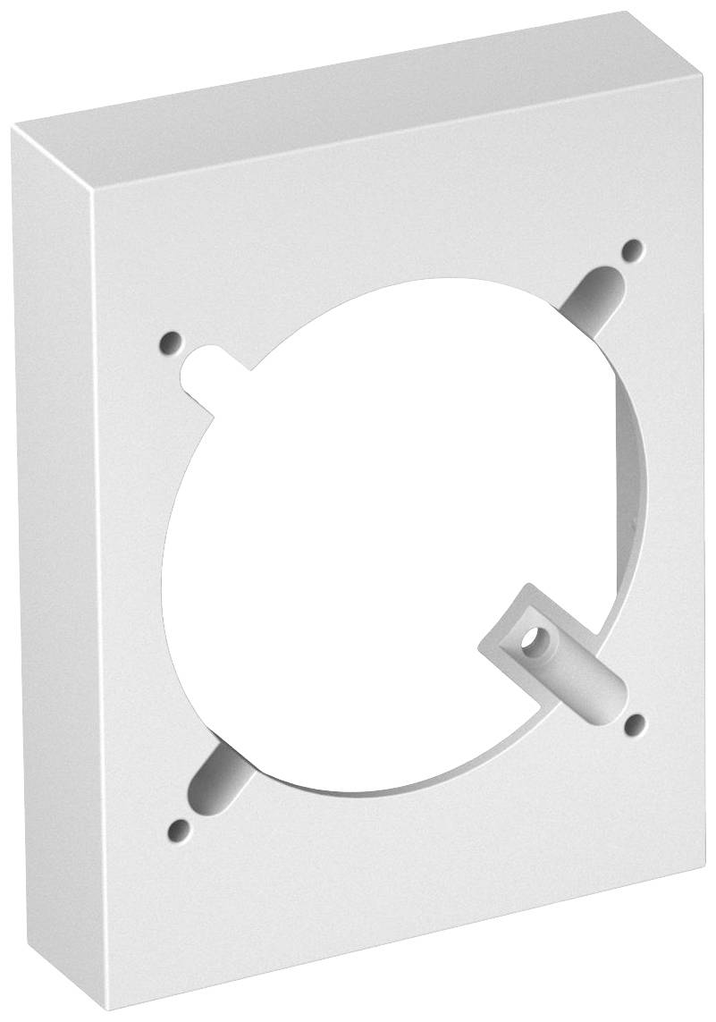 Weißer quadratischer Adapterrahmen aus Kunststoff mit kreisförmiger Aussparung in der Mitte und vier kleinen Löchern an den Ecken.