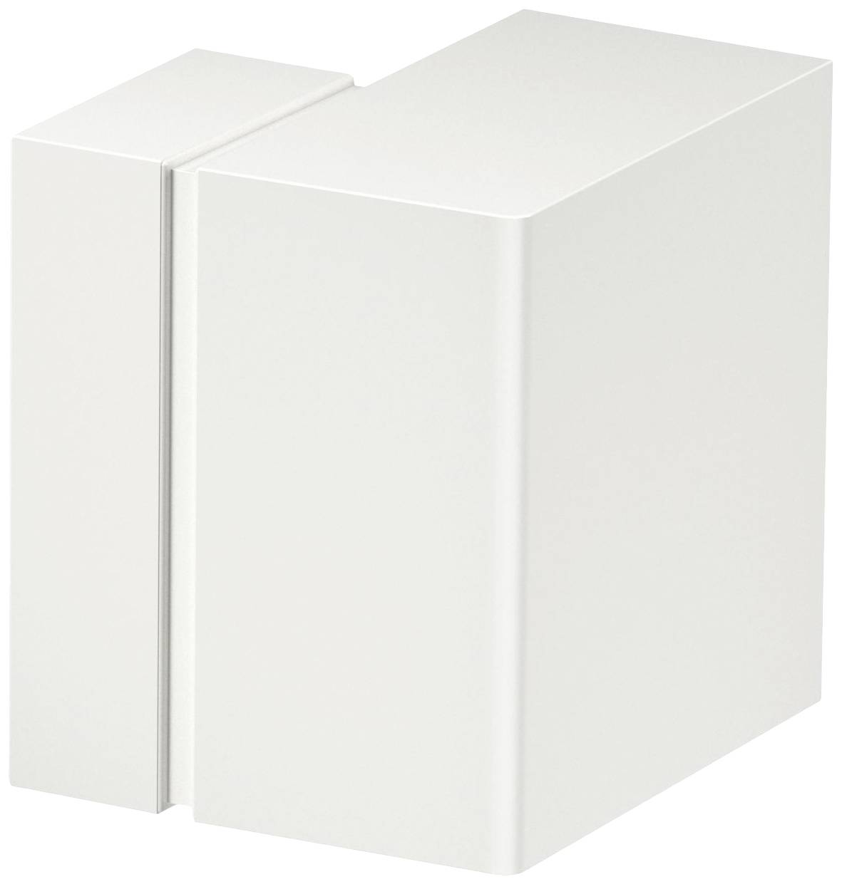 Ein weißer, rechteckiger, minimalistischer Türgriff aus Metall, montiert an einer Wand.
