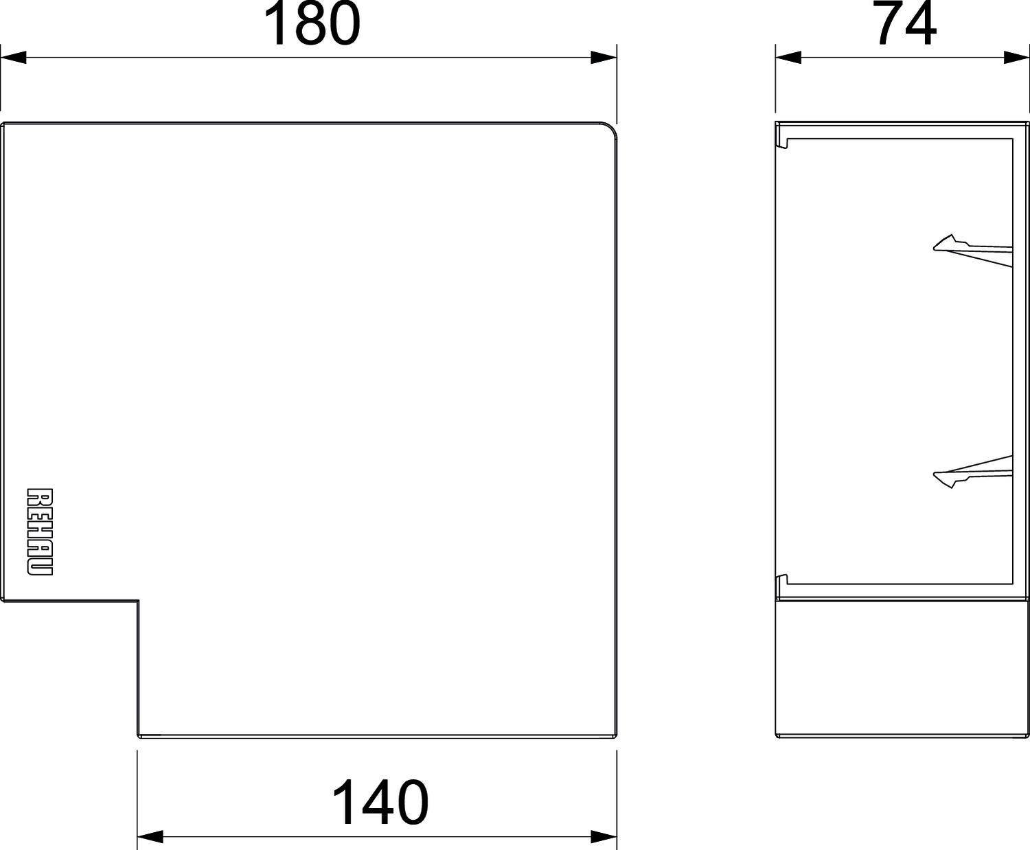 Technische Zeichnung von zwei Ansichten eines Bauteils mit Maßen. Links: Höhe 180, Breite 140. Rechts: Höhe 74.