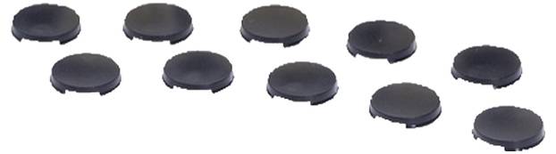 Zehn schwarze, runde Abdeckungen liegen in zwei Reihen versetzt auf einer weißen Fläche.