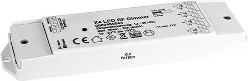 Ein X4 LED RF Dimmer in rechteckiger, weißer Gehäuseform mit technischen Spezifikationen und Symbolen auf der Oberseite beschriftet.