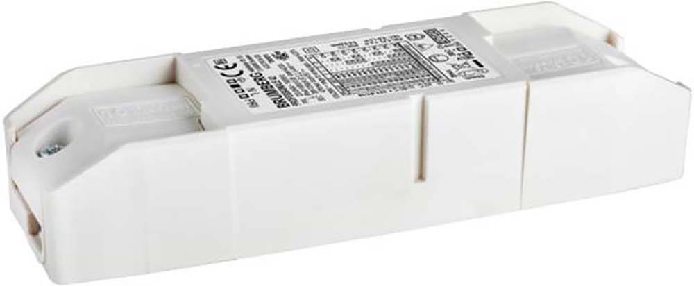 Ein rechteckiges, weißes elektronisches Gerät mit einem Etikett mit technischen Spezifikationen und Sicherheitszeichen auf der Oberseite.