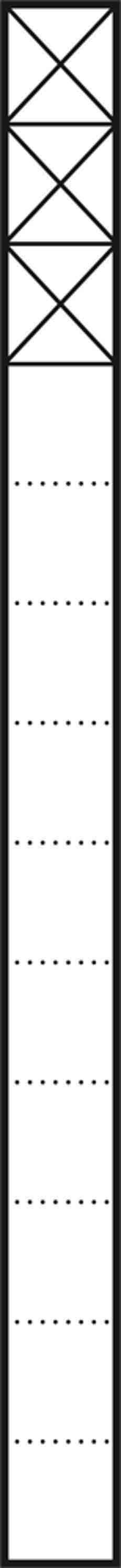 Ein senkrechter, schmaler Multifunktions-Seitenleisten-Entwurf mit mehreren Bereichen unterteilt durch horizontale Linien. Oben X-förmiges Muster.