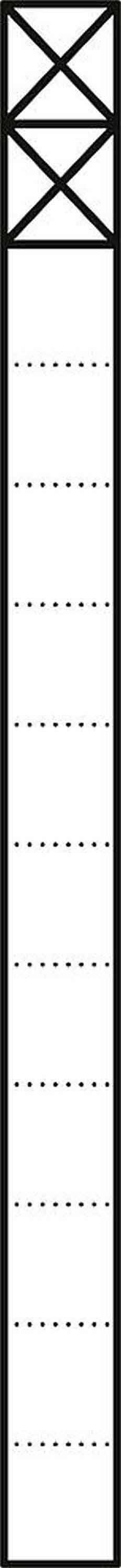 Ein hohes Fachwerk-Architekturelement neben einer vertikalen Reihe von gepunkteten Linien, die möglicherweise Positionen markieren.