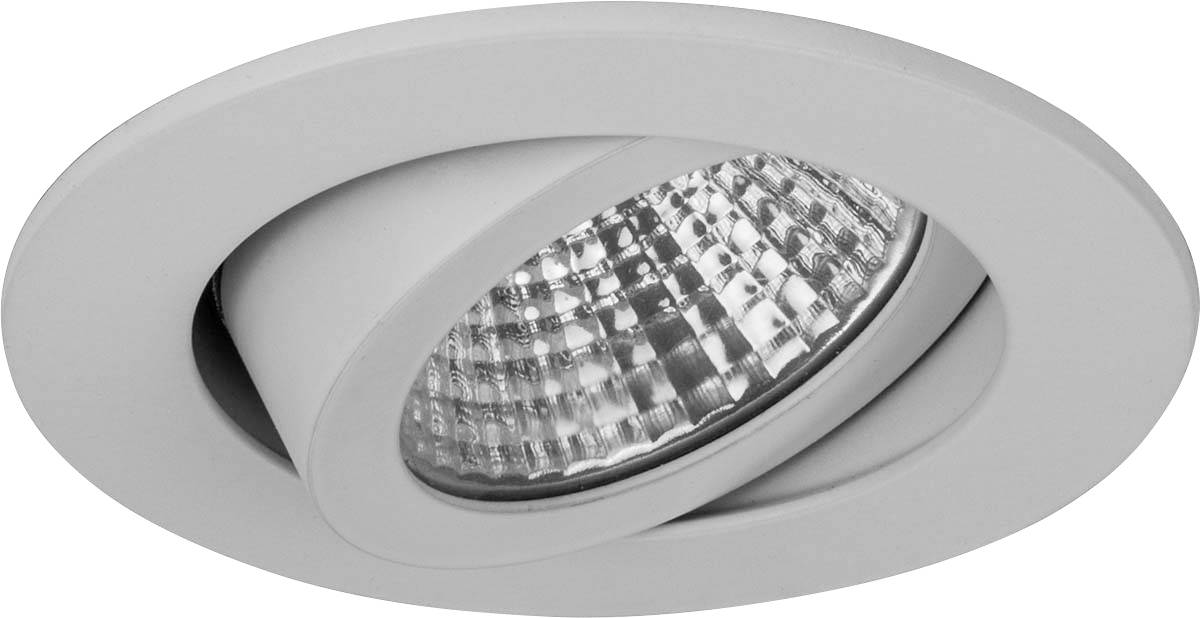 Deckeneinbauleuchte mit kreisförmigem, schwenkbarem Reflektor in silberner Fassung. Geeignet für präzise Lichtausrichtung.