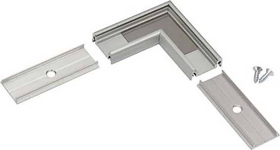 Ein silberner Eckverbinder aus Metall für Möbel- oder Rahmenmontage mit zwei geraden Abdeckplatten und zwei Schrauben rechts daneben.