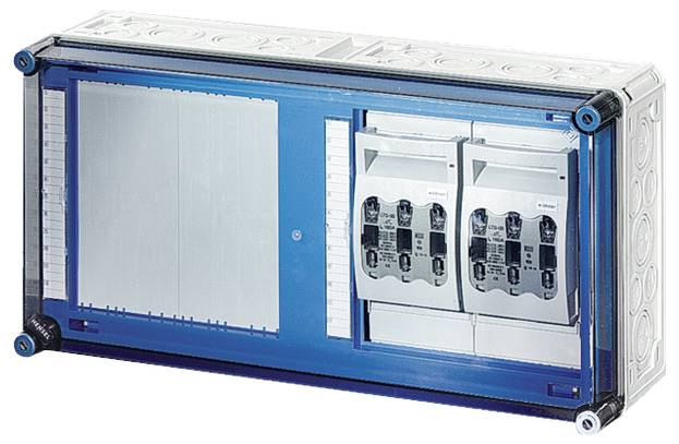 Elektrischer Schaltkasten mit zwei montierten Schutzschaltern, grau-blaues Gehäuse.