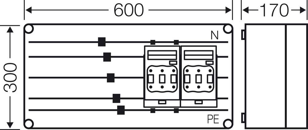 Technische Zeichnung eines elektrischen Verteilerkastens mit Abmessungen: 600mm Breite, 300mm Höhe, 170mm Tiefe, inklusive PE und N Anschlüsse.