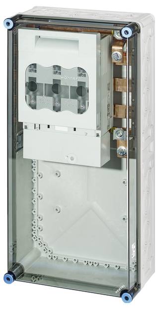 Elektrischer Verteilerkasten mit durchsichtigem Gehäuse. Zeigt interne Komponenten wie Schalter und Verkabelung.