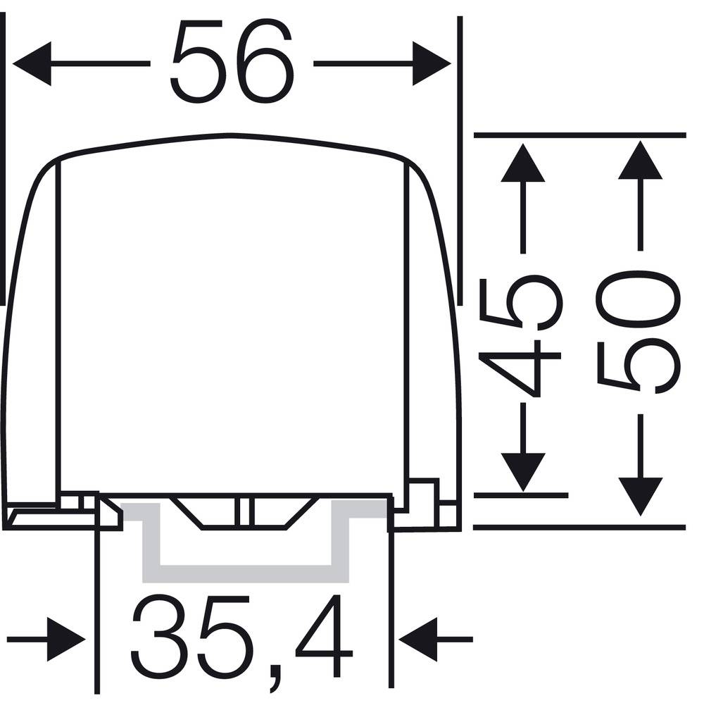 Technische Zeichnung eines Objekts mit den Maßen: Breite 56 mm, Höhe 45 mm, Tiefe 50 mm und Basistiefe von 35,4 mm.