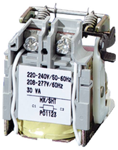 Relais mit Spulen, höchstwahrscheinlich für elektrische Schaltungen verwendet. Beschriftung zeigt Spannung: '220-240V/50-60Hz'.