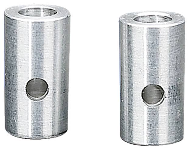 Zwei silberne, zylindrische Metallstücke mit einem Loch in der Mitte, vertikal aufgestellt, vor weißem Hintergrund.