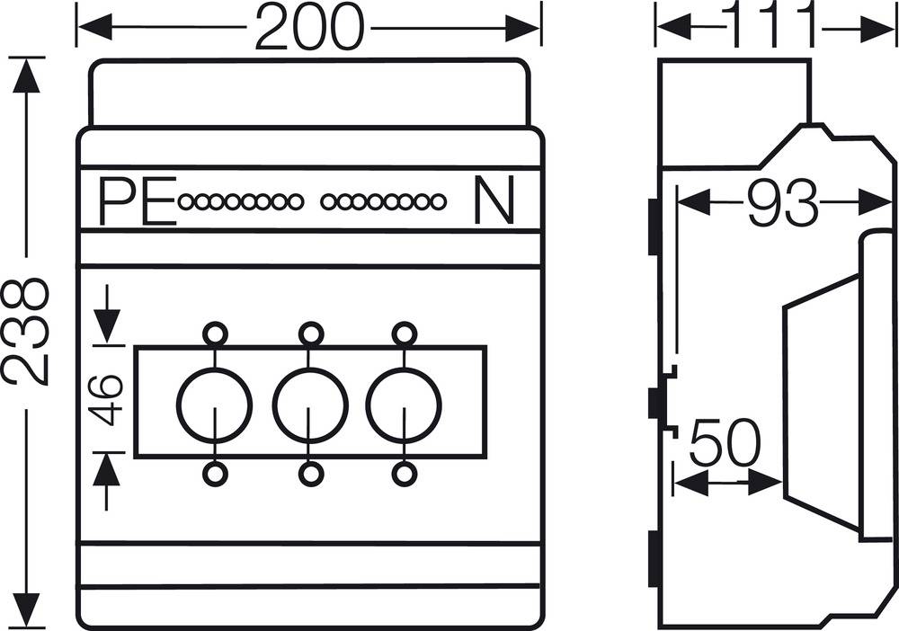 Frontansicht und Seite eines elektrischen Schaltschranks mit Maßen, markiert mit 'PE' und 'N'. Breite 200 mm, Höhe 238 mm, Tiefe 111 mm.