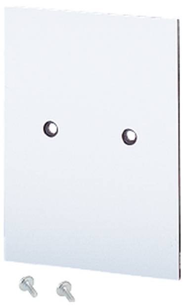 Ein rechteckiges Metallschild mit zwei Schrauben in der Mitte, begleitet von zwei zusätzlichen Schrauben unten.