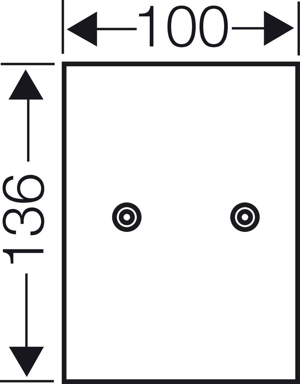 Schemazeichnung eines rechteckigen Objekts mit Abmessungen 100 x 136. Zwei Löcher befinden sich zentriert nebeneinander im Inneren.