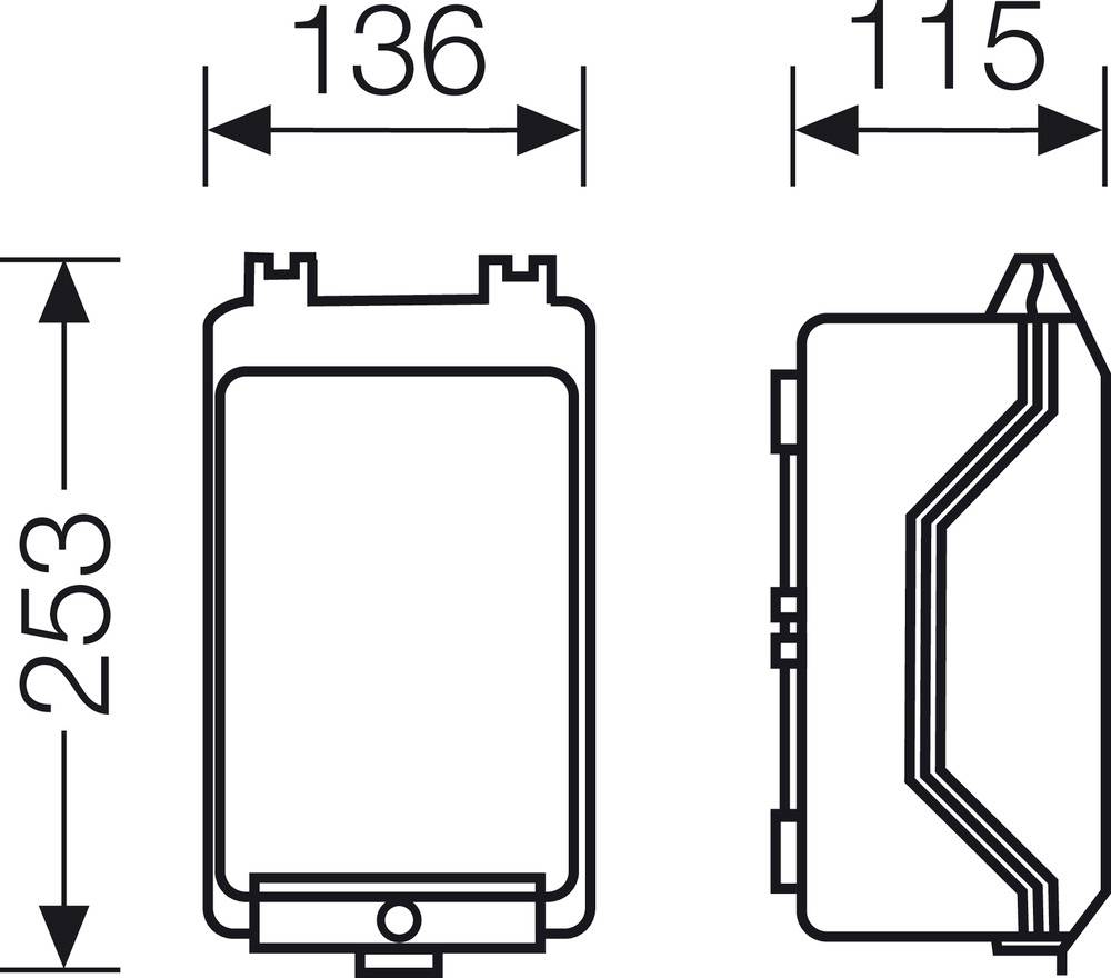 Technische Zeichnung eines rechteckigen Gehäuses mit Abmessungen: Breite 136 mm, Höhe 253 mm, Tiefe 115 mm.