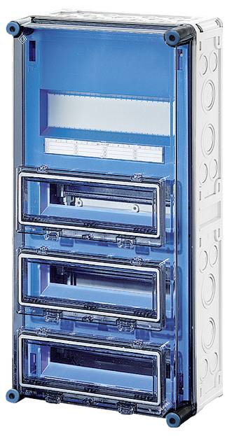 Ein leerer, blauer Sicherungskasten mit durchsichtigen Frontabdeckungen, geeignet für die Aufnahme mehrerer Sicherungsautomaten.