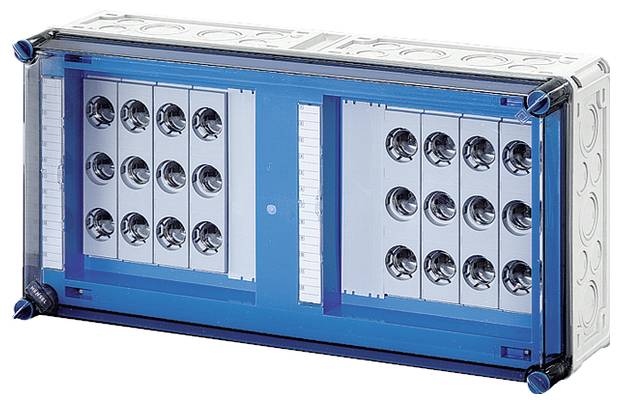 Ein rechteckiger Elektrokasten mit blauer Umrandung, mehreren Öffnungen und Kabeleinlässen auf der Vorderseite.