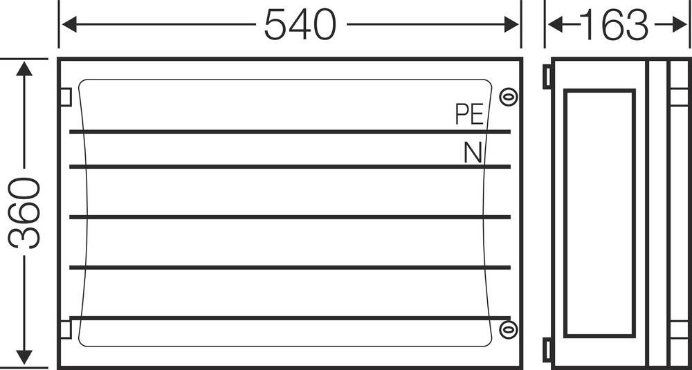 Maßzeichnung eines rechteckigen Objekts mit den Abmessungen 540 mm x 360 mm x 163 mm. Oben rechts markiert mit 'PE' und 'N'.