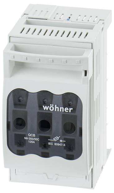 Ein grauer modularer Sicherungshalter mit 'Wöhner' Logo und Angaben: 125A, IEC 60947-3. Verwendet zur Stromkreissicherung.