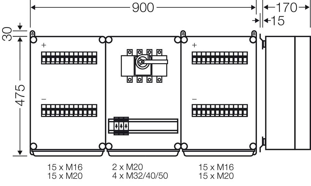 Technische Zeichnung: Elektrisches Schaltschrank-Layout mit Abmessungen, Kabeldurchführungen und Montagedetails.