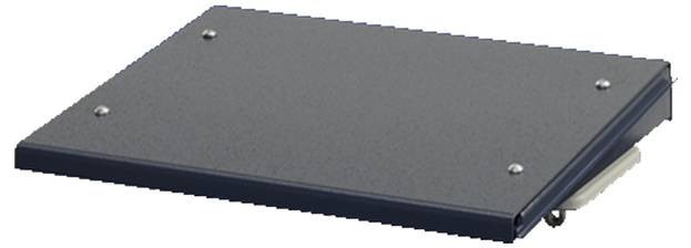 Schwarzes, rechteckiges Metallteil mit vier sichtbaren Schrauben, möglicherweise eine Abdeckung oder Platte.