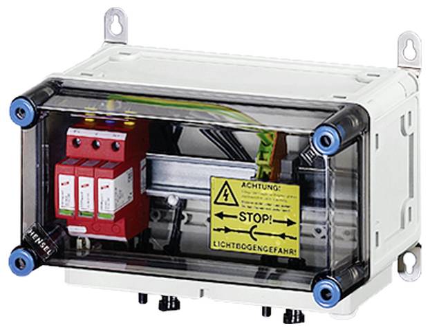 Ein transparenter Schutzkasten mit elektrischen Komponenten und einem Warnhinweis: 'ACHTUNG! STOP! LICHTBOGEN-GEFAHR'.