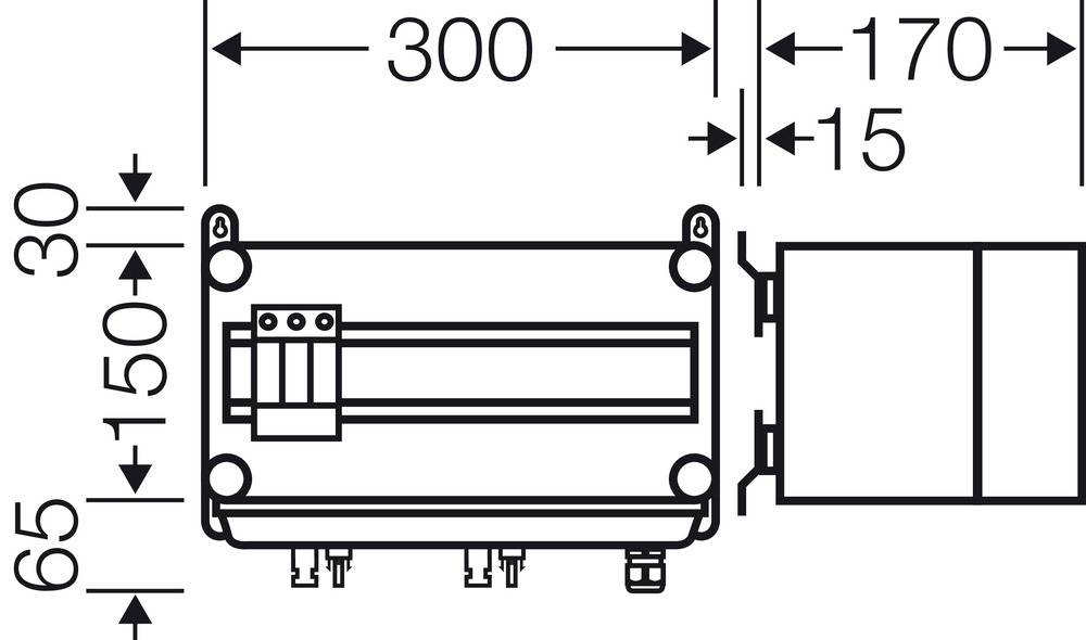 Technische Zeichnung eines Geräts mit Maßen: Breite 300 mm, Teiltiefe 170 mm, Höhe 150 mm. Markierungen zeigen Anschlüsse und Befestigungen.