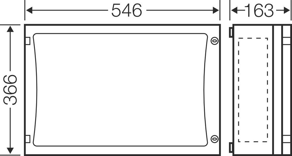 Maßzeichnung eines rechteckigen Objekts mit den Abmessungen 546 mm Breite, 366 mm Höhe und 163 mm Tiefe von der Seite betrachtet.