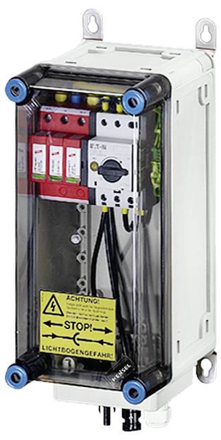 Elektrischer Schaltschrank mit transparentem Gehäuse. Enthält Schalter mit Beschriftung 'ACHTUNG: LICHTBOGENGEFAHR'.