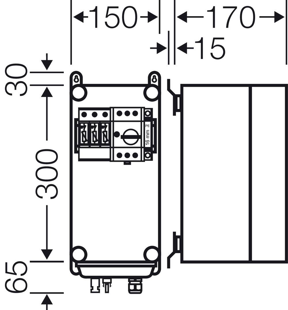Technische Zeichnung eines Geräts mit Abmessungen: Breite 150 mm, Tiefe 170 mm, Höhe 300 mm. Enthält Schalter und Anschlüsse unten.