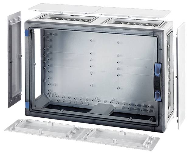 Gehäuse für Elektroinstallationen, transparentes Frontpanel, für den Schutz und die Organisation von elektrischen Komponenten.